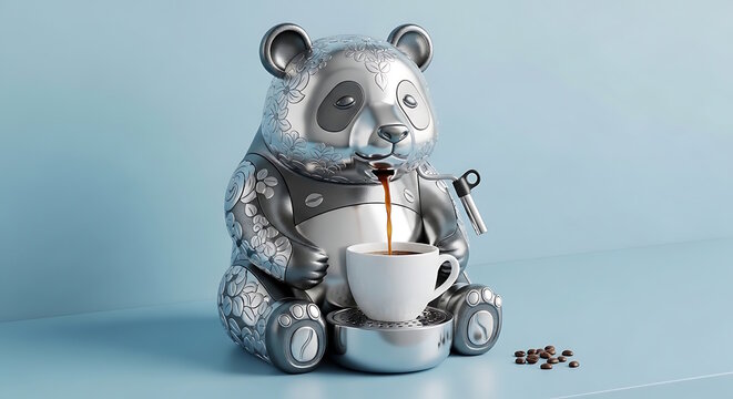 Charming Silver Panda Espresso Machine with Floral Engravings Dispensing Hot Coffee into a White Cup Ideal for Whimsical Kitchen Decor and Daily Brews