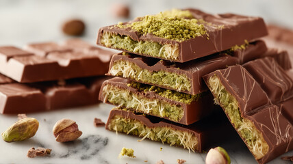 Stacked Pieces, stacks, bars of actual Dubai chocolate Filled with Pistachio Cream and Roasted Kadaif in modern white bright kitchen background. Chocolate bar with green pistachio filling and toppings
