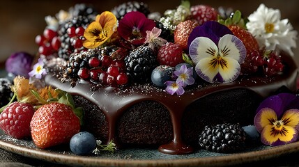 Chocolate Cake with Berries and Edible Flowers - Delicious Dessert Photography