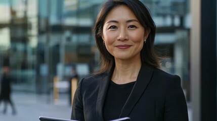 Woman in suit smiling, confident posture, urban background