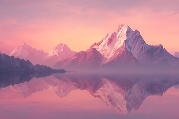 Majestic mountains reflected in a calm lake at dawn.