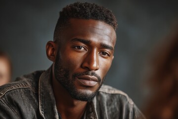 African American man with facial stubble looking thoughtful.