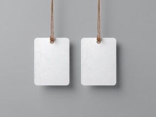 Two blank rectangular tags hang from twine against a neutral grey backdrop, offering a clean, minimalist aesthetic ideal for design mockups