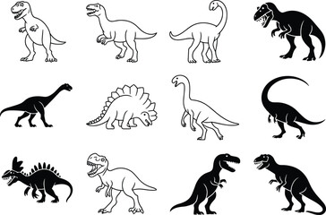 Silhouette and Line Art Illustrations of Various Dinosaurs: Prehistoric, Extinct, and Fossil Icons