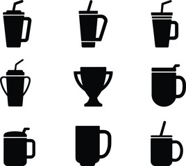 Silhouette Icons of Beverage Containers: Cups, Mugs, Tumblers, and Drinks with Lids and Straws