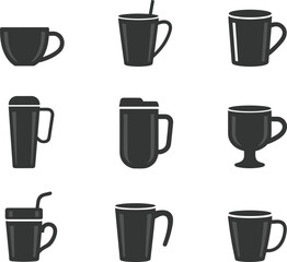 Silhouette Icons of Coffee and Drinkware: Cups, Mugs, Tumblers, and Beverage Containers with Straws
