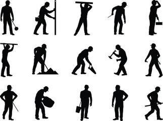 Silhouette Icons of Construction and Handyman Tasks: Tools, Building, and Maintenance Activities