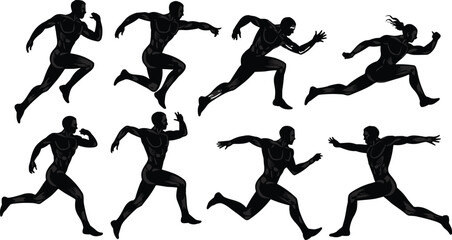 Silhouette Icons of Running and Sprinting Poses: Athlete Motion, Speed, and Energy