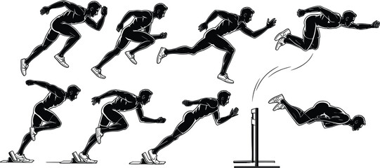 Silhouette Icons of Track and Field: Running, Sprinting, Jumping, and Hurdling Poses