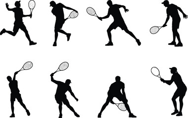 Silhouette Icons of Tennis Players: Serving, Swinging, and Playing Poses