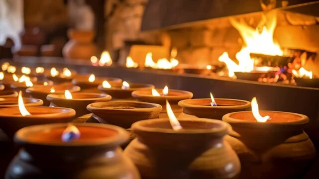 Illuminated earthen pots with burning flames inside arranged in rows with warm interior background, celebration, light