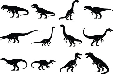 Silhouette Illustrations of Various Dinosaurs: Prehistoric, Extinct, and Fossil Icons