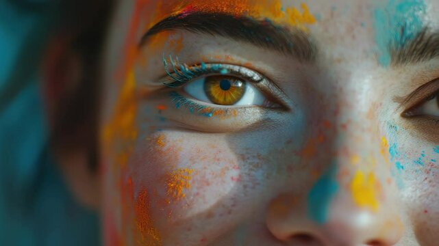 Close-up of a smiling face with colorful holi paints
