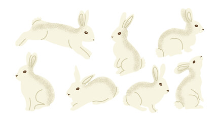 Set of cute white rabbits in different poses including sitting, jumping and crouching. Bunny clipart perfect for Easter designs, spring themes, nursery prints, cards, stickers
