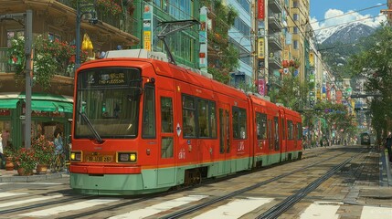 Vibrant Red Tram in a Bustling Urban Street Scene with SnowCapped Mountain Backdrop