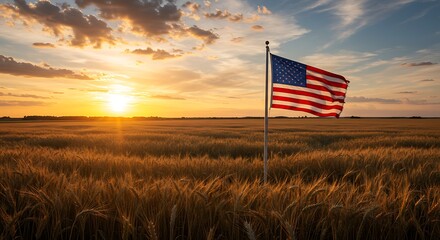 American Flag at Sunset Over Wheat Field A Patriotic Landscape