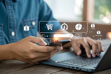 Digital marketing concept. businessman tapping mobile screen to access online data trends and virtual applications, representing internet search, innovation, business planning and communication tools.