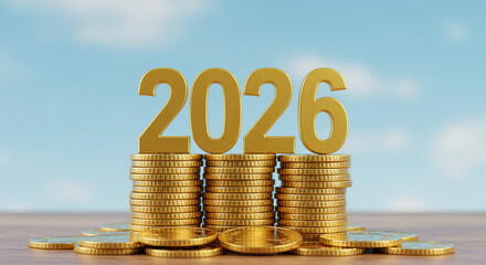 Financial forecast concept for the year 2026 with golden coins and number