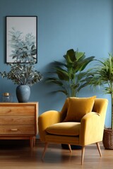 A contemporary living room with blue walls, yellow furniture, and potted plants.