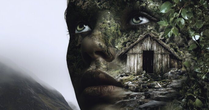 Le visage d'une femme regardant vers le haut et une vieille cabane avec feuilles et v&eacute;g&eacute;tation abondante, technique de double exposition, sur fond de paysage montagneux et brumeux.