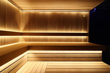 Fototapeta premium Experience a Modern Sauna Interior Featuring Soft Lighting and a Gorgeous Wooden Finish