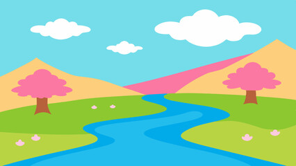 Fototapeta premium Cartoon landscape with river trees and clouds in a bright and colorful scenic view