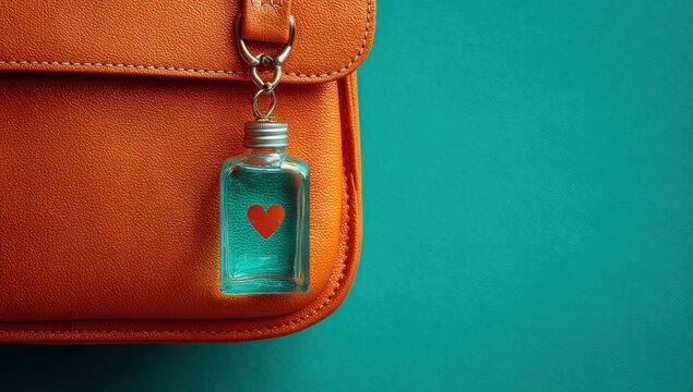 Orange handbag with small, clear bottle keychain containing sanitizer and a red heart, against a teal background - Powered by Adobe