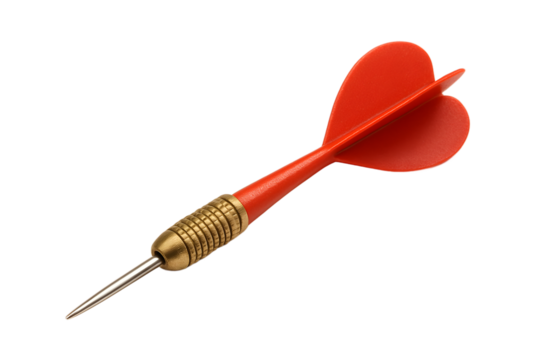 A single dart with a red teardrop-shaped flight, brass barrel, and steel tip resting diagonally on a white surface