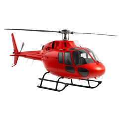 A red and white civilian helicopter with a streamlined body, large windows, and twin rotors sits centered with landing gear fully visible