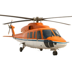 An orange and white Sikorsky S-76 helicopter with panoramic windows and retractable landing gear
