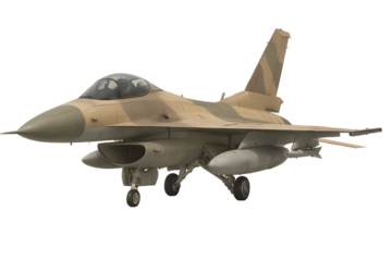 A desert-camouflaged fighter jet with a pointed nose, single tail fin, underwing missiles, and a bubble canopy, shown in three-quarter view with landing gear out