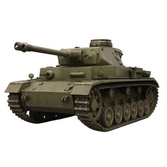 A World War II tank with olive drab paint, a cylindrical main gun, and exposed tracks with a rugged suspension