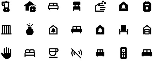 Black vector icon set on white background featuring home and real estate symbols including houses, furniture, cars, phones, and a helping hand.