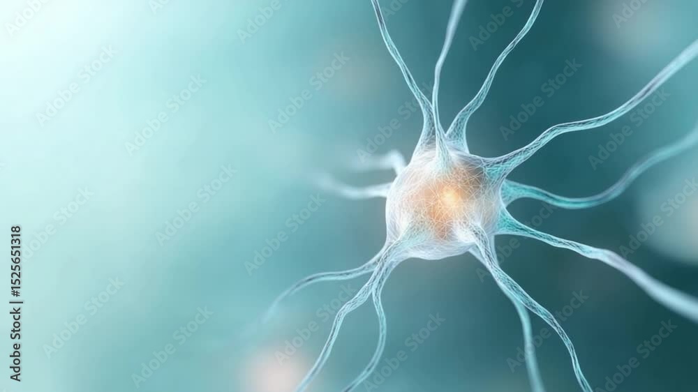 Aufkleber Neuron Cell Microscopic View: Intricate details of a single neuron cell, showcasing its nucleus and dendrites, extending outwards in a complex network.
