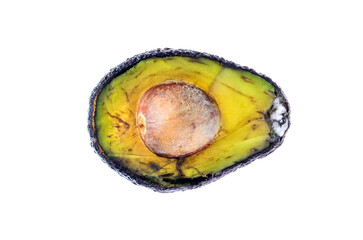 Top view of moldy avocado on white background