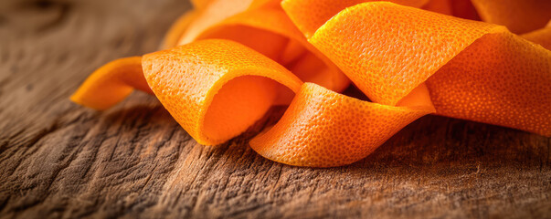 Orange peels are artistically arranged on a wooden surface with rich texture. Concept: freshness, color, natural