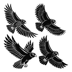 Four Stylized Owls in Flight Black Silhouette on White Background