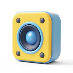 A small, square, yellow and light-blue portable speaker with a central, round, blue speaker cone.  Four dark buttons surround the speaker