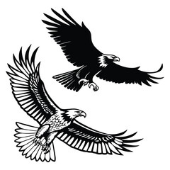 Two Eagles in Flight Black and White Vector Graphic Illustration