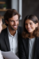 Fototapeta premium Man and woman smiling at camera in office environment.