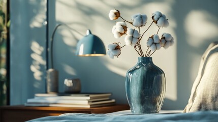 A blue ceramic vase with sunflowers and cotton pods on a shaded wooden table. A minimalist interior decoration scene.