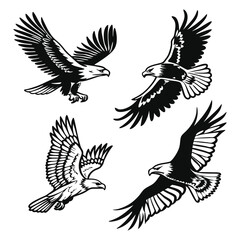 Four Black and White Eagle Illustrations in Flight on a White Background