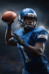 Football player in action on the field with a sports ball, number 17 jersey, wearing blue and white uniform.