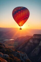 A vibrant hot air balloon ascends gracefully into a breathtaking sunrise, casting a warm glow against the clear morning sky Perfect for travel, adventure, and freedom concepts , air, dawn, summer