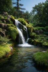 Fototapeta premium A serene landscape scene featuring a waterfall cascading into a stream with surrounding greenery and a rocky terrain.