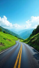 Naklejka premium A winding asphalt road stretches into the distance, disappearing around a bend amidst lush green hills and a vibrant blue sky Perfect for travel, adventure, and journey concepts , vastness, mountains
