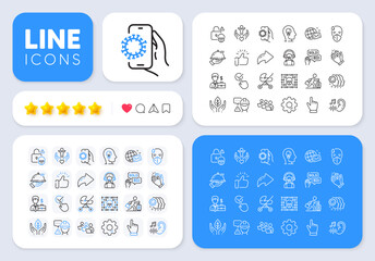 Covid app, World mail and Sick man line icons for web app. Message, Share, Like social media icons. Pack of Employees teamwork, Travel delay, Cyber attack pictogram icons. Vector