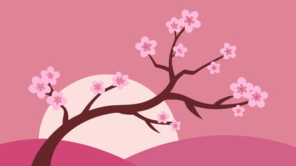 Illustration of a pink cherry blossom tree with a simplified landscape and sunset