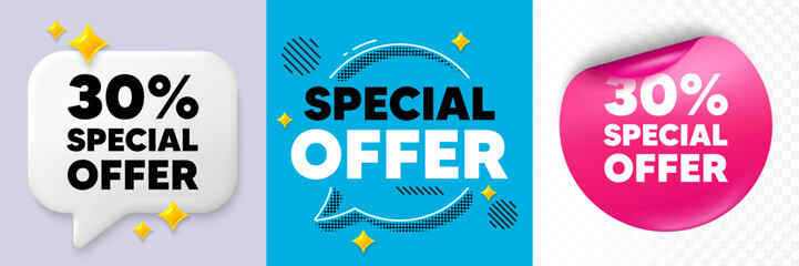 Discount speech bubble. 3d sparkles chat, Paper sticker. 30 percent discount offer tag. Sale price promo sign. Special offer symbol. Special offer bubble. Halftone dots pattern. Vector