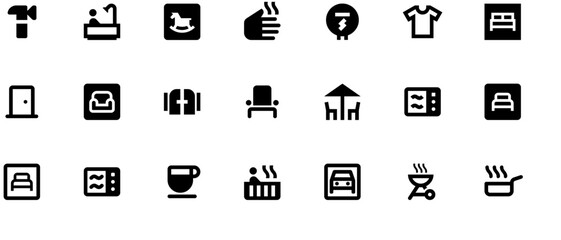 Vector furniture and home decor icons in black on white background, SVG cut file with 20 unique symbols